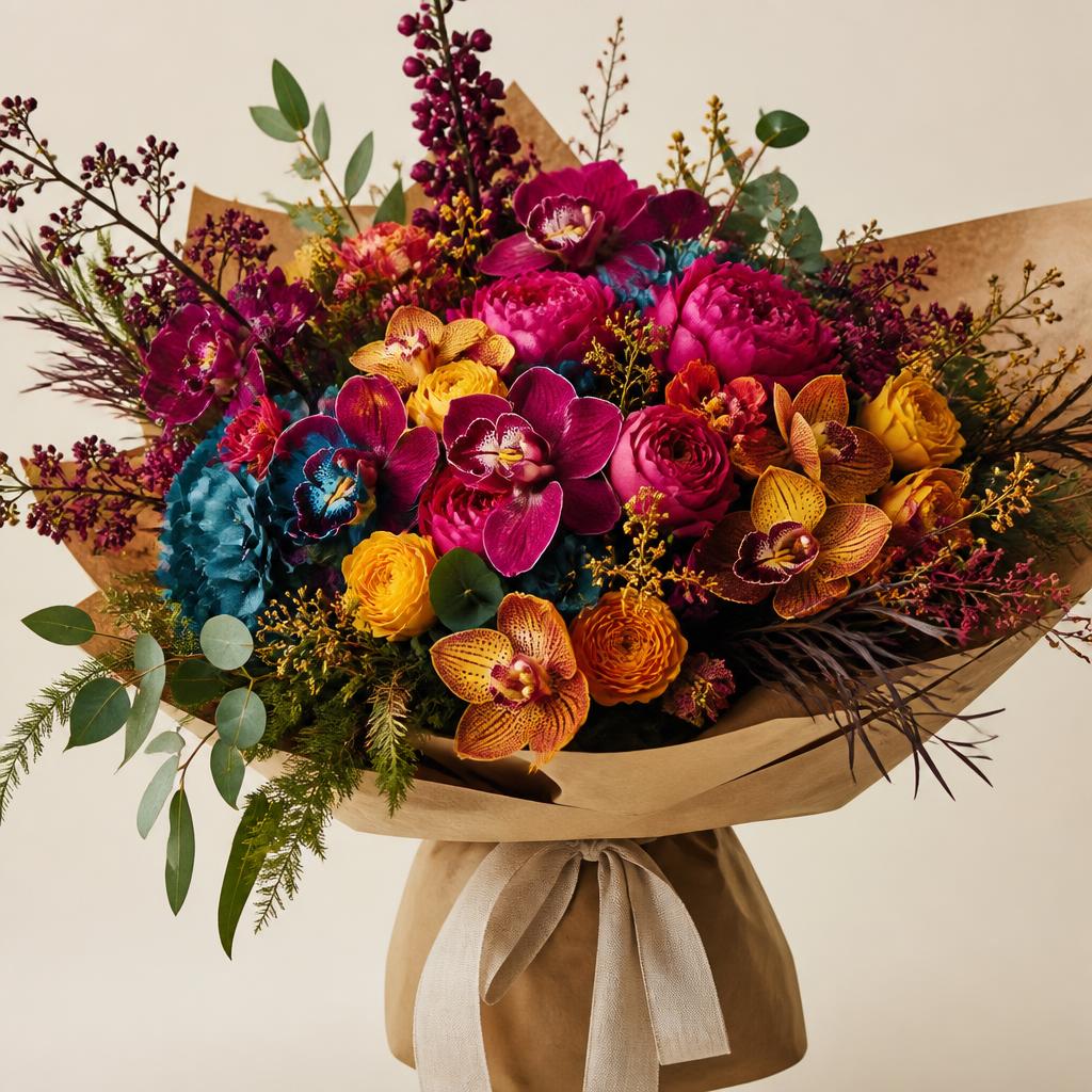 Vibrant jewel-tone bouquet of orchids, dahlias, and garden roses in a Dalton, GA florist studio