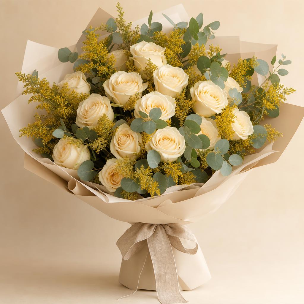 Champagne Toast — Cream roses, eucalyptus & golden solidago