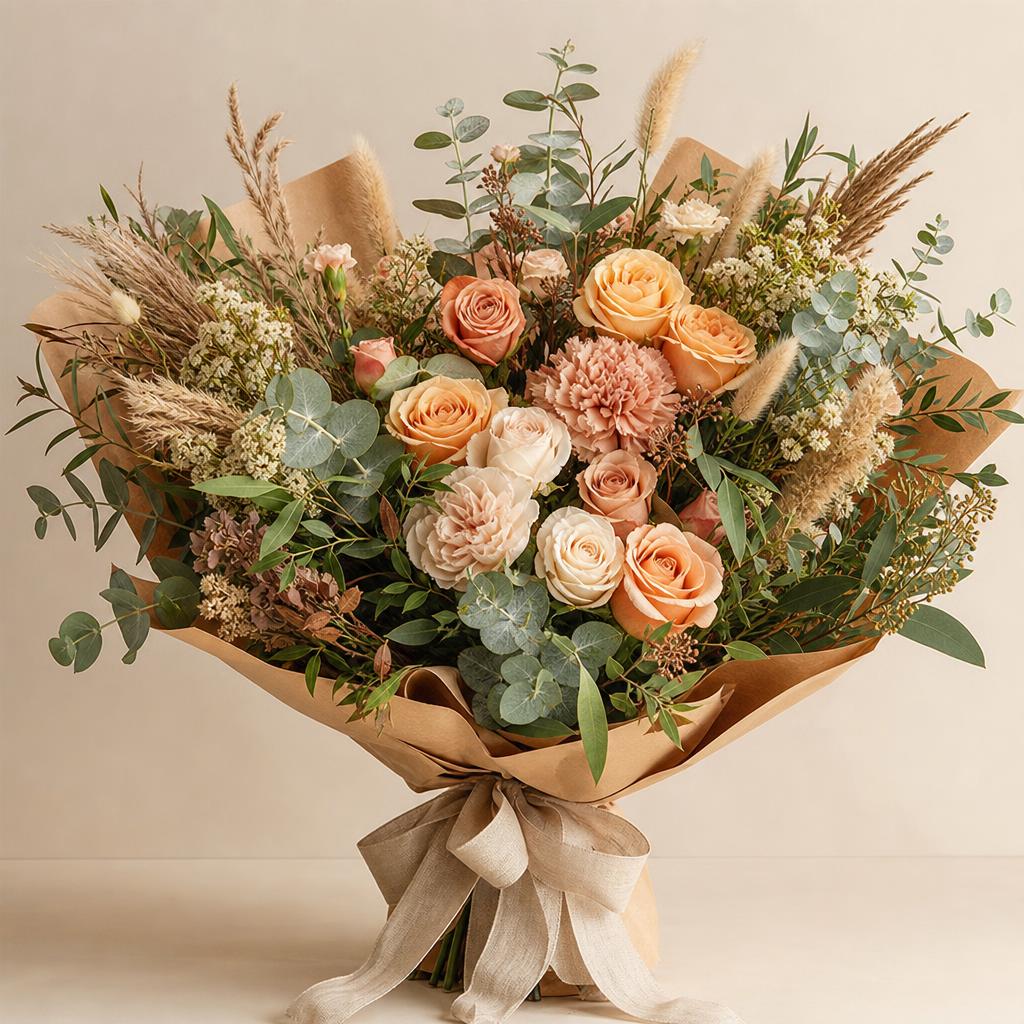 Bohemian Rhapsody — Peach garden roses with dried wheat, pampas & airy greenery